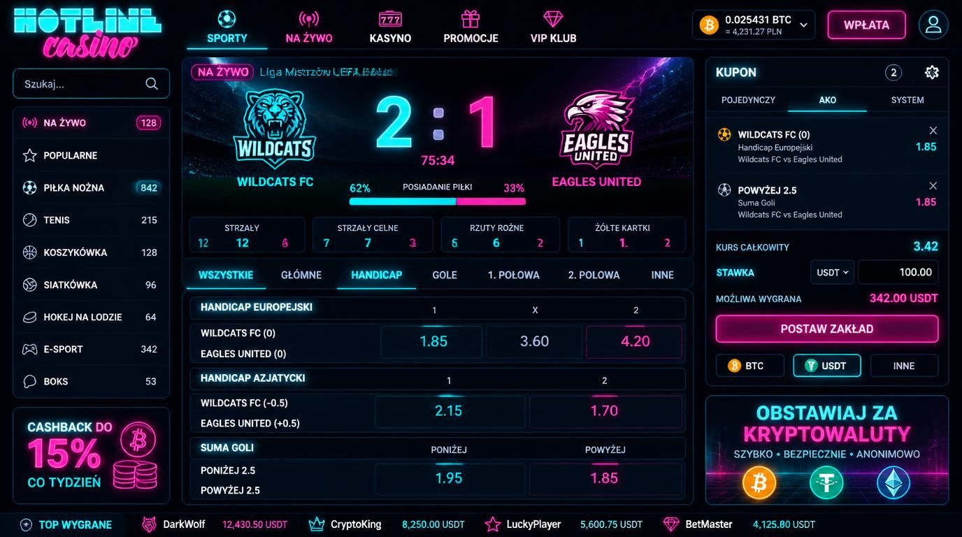 Interfejs zakładów z handicapem, drużyny i kursy na ekranie, akcent kryptowalut