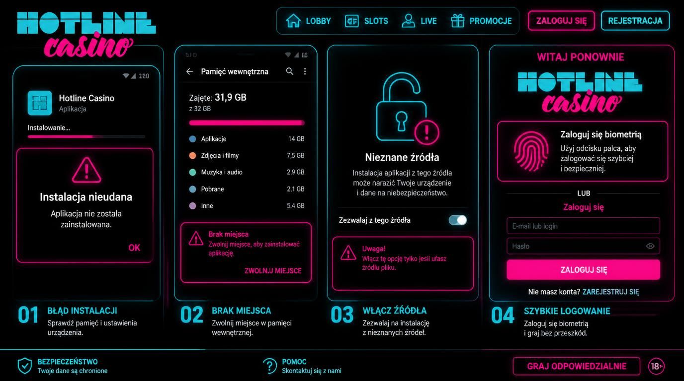 ekran z błędem instalacji aplikacji Android, brak miejsca i ustawienia nieznanych źródeł