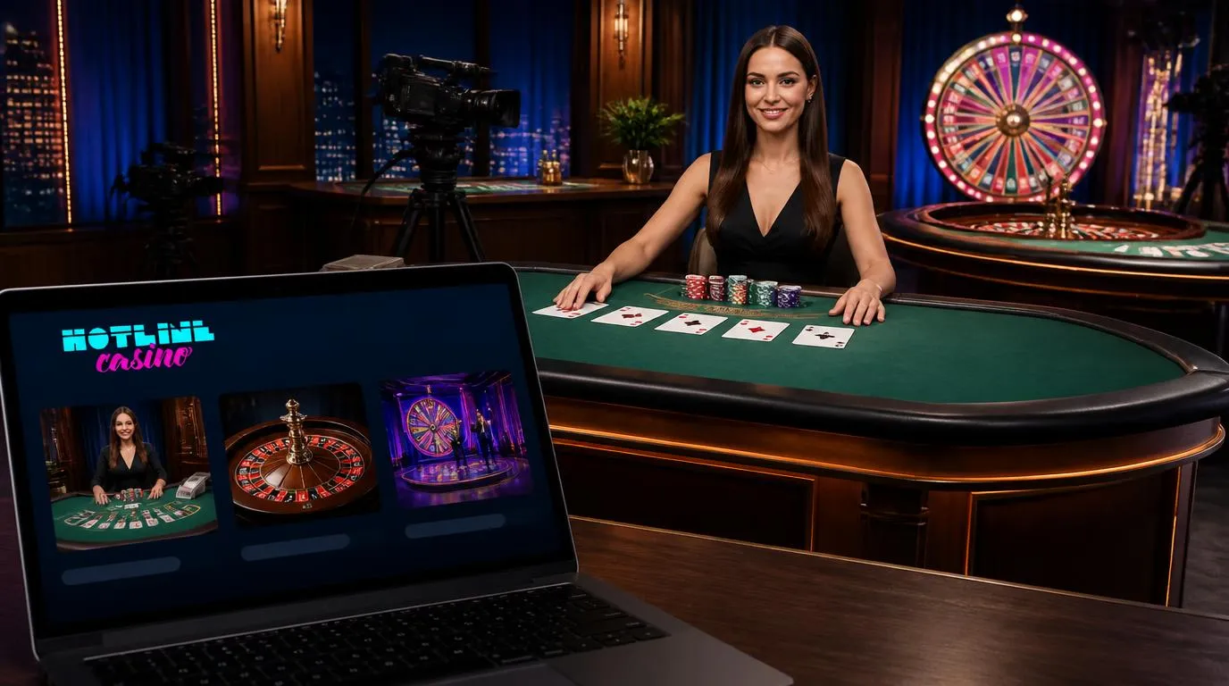 Krupierka przy stole blackjacka i ekran kasyna na żywo z ruletką oraz teleturniejem